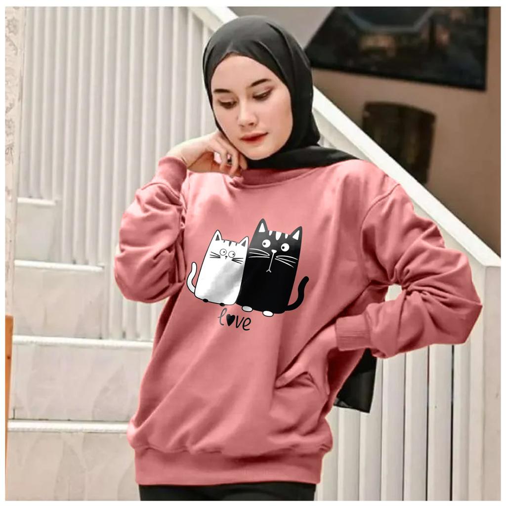 Kaos Lengan Panjang meow LOVE / Kaos Sweatshirt / Atasan Wanita / Atasan Wanita Lengan Panjang