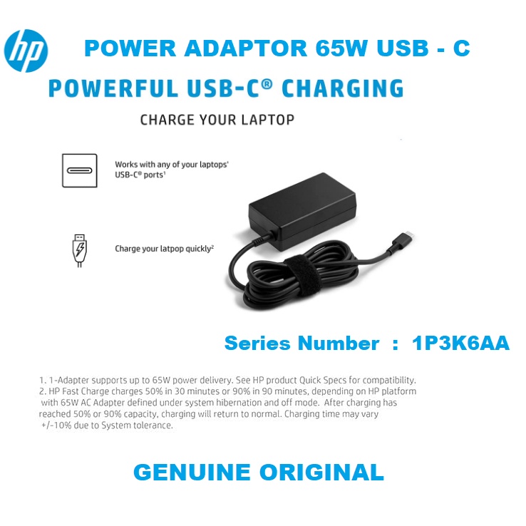 Adaptor Charger Laptop HP Type C 65W 1P3K6AA Genuine Original