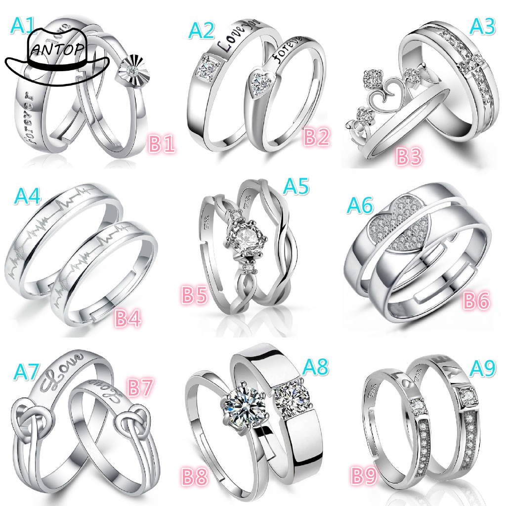 2 Pcs 925 Silver Cincin Berlian Mode Pasangan Wanita Perhiasan Cincin Ring B1 Antop