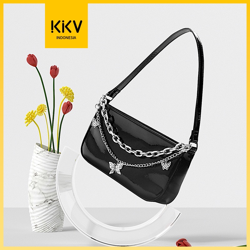 MURAH KKV - DUNNS TAS BAHU WANITA KULIT HITAM GLOSSY BLACK LEATHER SHOULDER BAG BUTTERFLY CHAIN