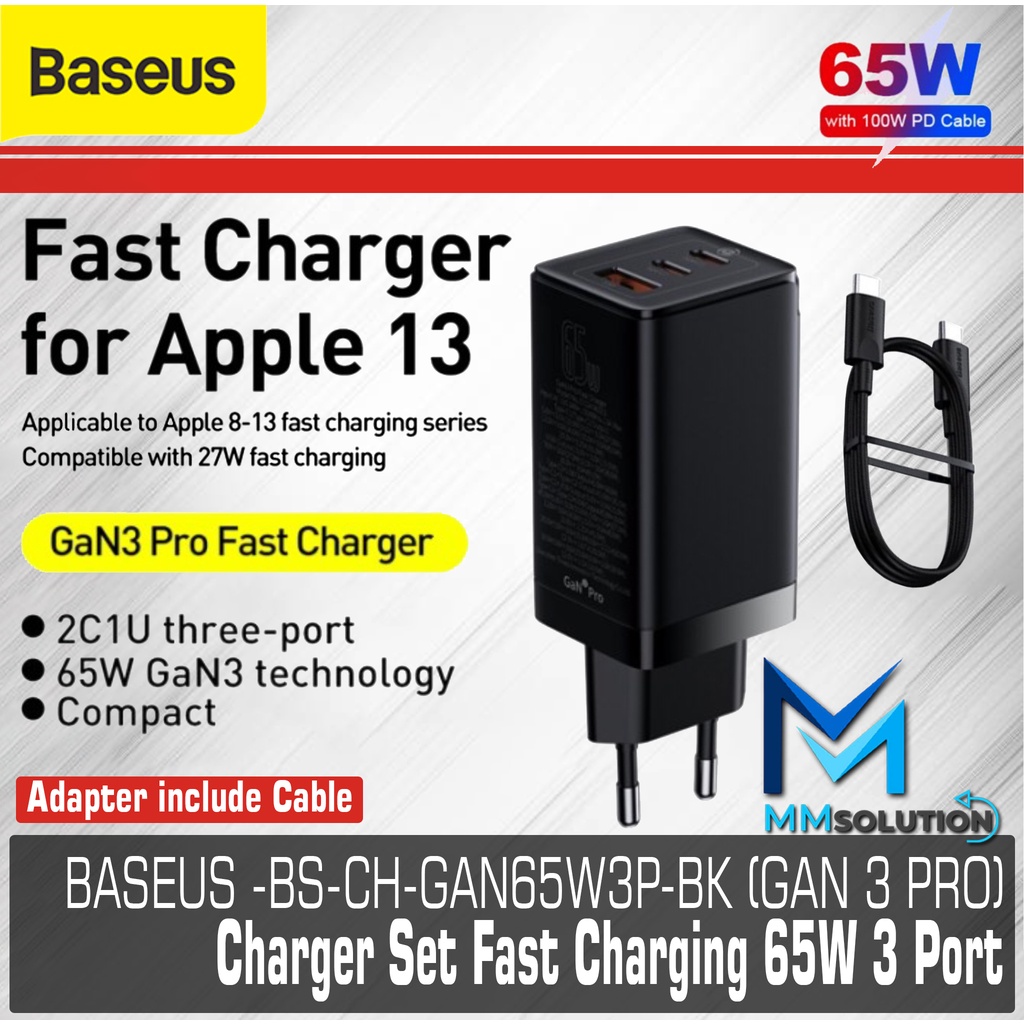 BASEUS GaNFast 65W Travel Charger PD Power Delivery Fast Charging SCP - US PIN Colokan Pipih