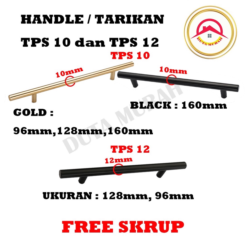 Handle TPS - 12 TPS - 10 64 mm, 96 mm, 128 mm, 160 mm &amp; 192 mm Gold &amp; Hitam  (Tarikan Minimalis Laci, Lemari, Pintu, Jendela)