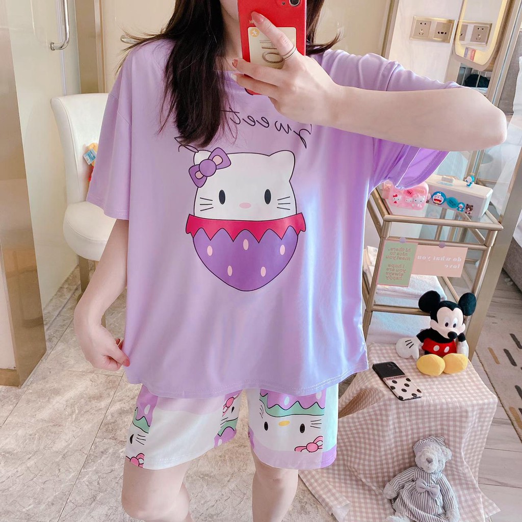 Baju Tidur Piyama Set/Piyama Wanita Import/Baju Piyama Pendek/Short Sleep Wear-J8-Ungu Cat