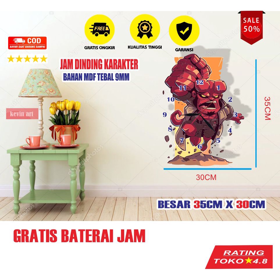 JAM DINDING KAYU UNIK KARAKTER ANAK GAMBAR ANIMASI HELLBOY