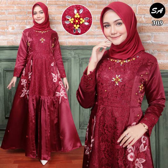 megaxus88//gamis pesta  brukat kombinasi saten kd 309