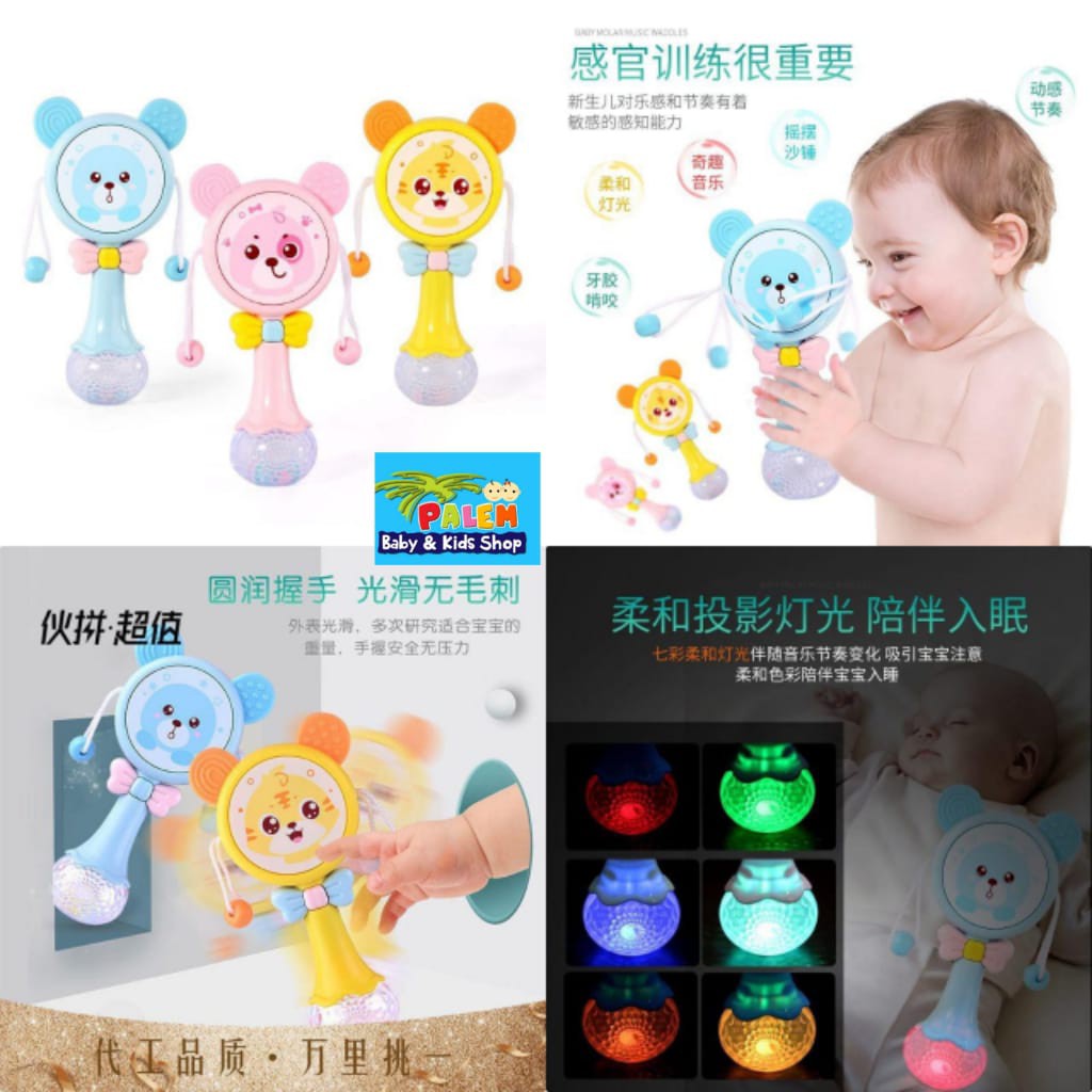 Mainan baby Molar Rattle drum 3in1 musik dan Lampu usia 0+bulan dan 18m+