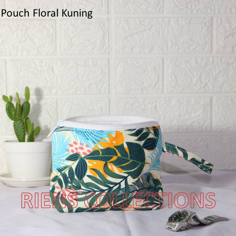 DOMPET KANVAS POUCH KANVAS MOTIF FLORAL KUNING. Riens Collections