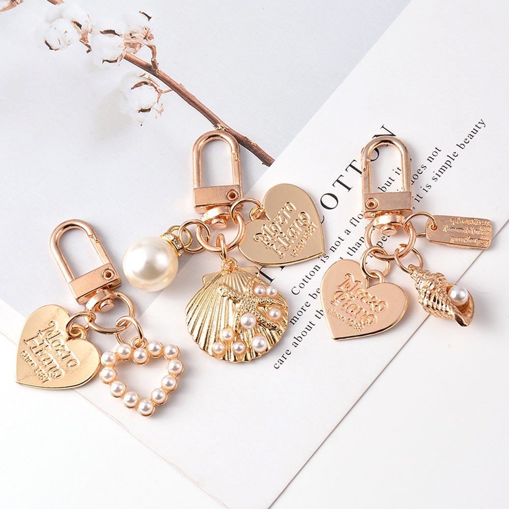 Needway  Love Letter Heart Key Ring Korean Key Accessories Key Chain Pearl Cute Gold Color Fashion Women Girls Shell Conch Bag Charms