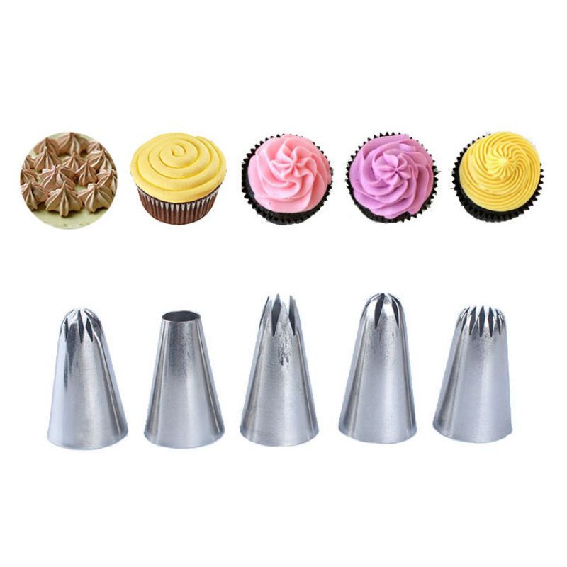 [DEASHOP] [SET 5IN1] SPUIT KUE IMPORT CETAKAN KUE BUTTERCREAM STAINLESS STELL / CUPCAKE NOZZLES BAKING CAKE DECORATING SET PIPING BAG