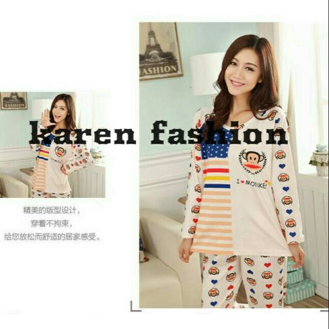 Baju tidur piyama kaos setelan panjang wanita dewasa cewek import PAULFRANK CREAM