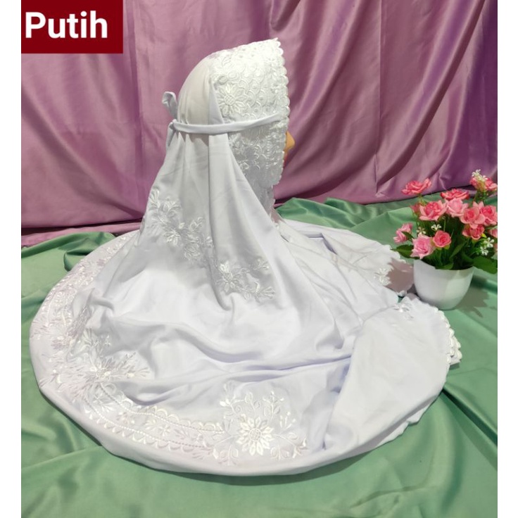 Mukena Terusan Dewasa Katun Polino Motif Bordir Bunga Putih