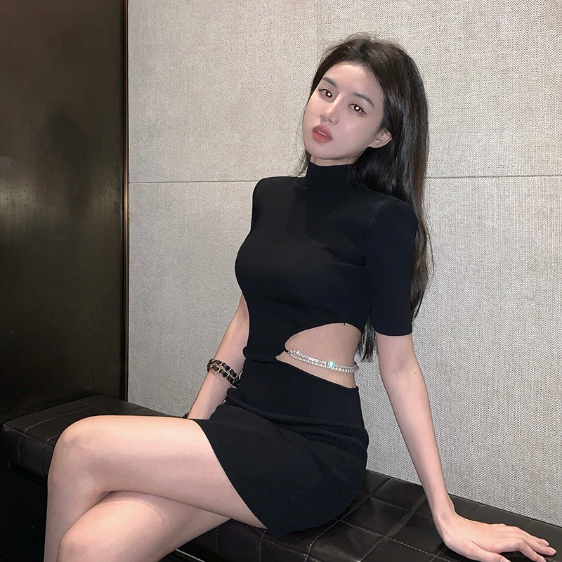 midi dress korea peri pinggang terbuka gaun berongga leher tinggi lengan pendek paket hitam rok pend