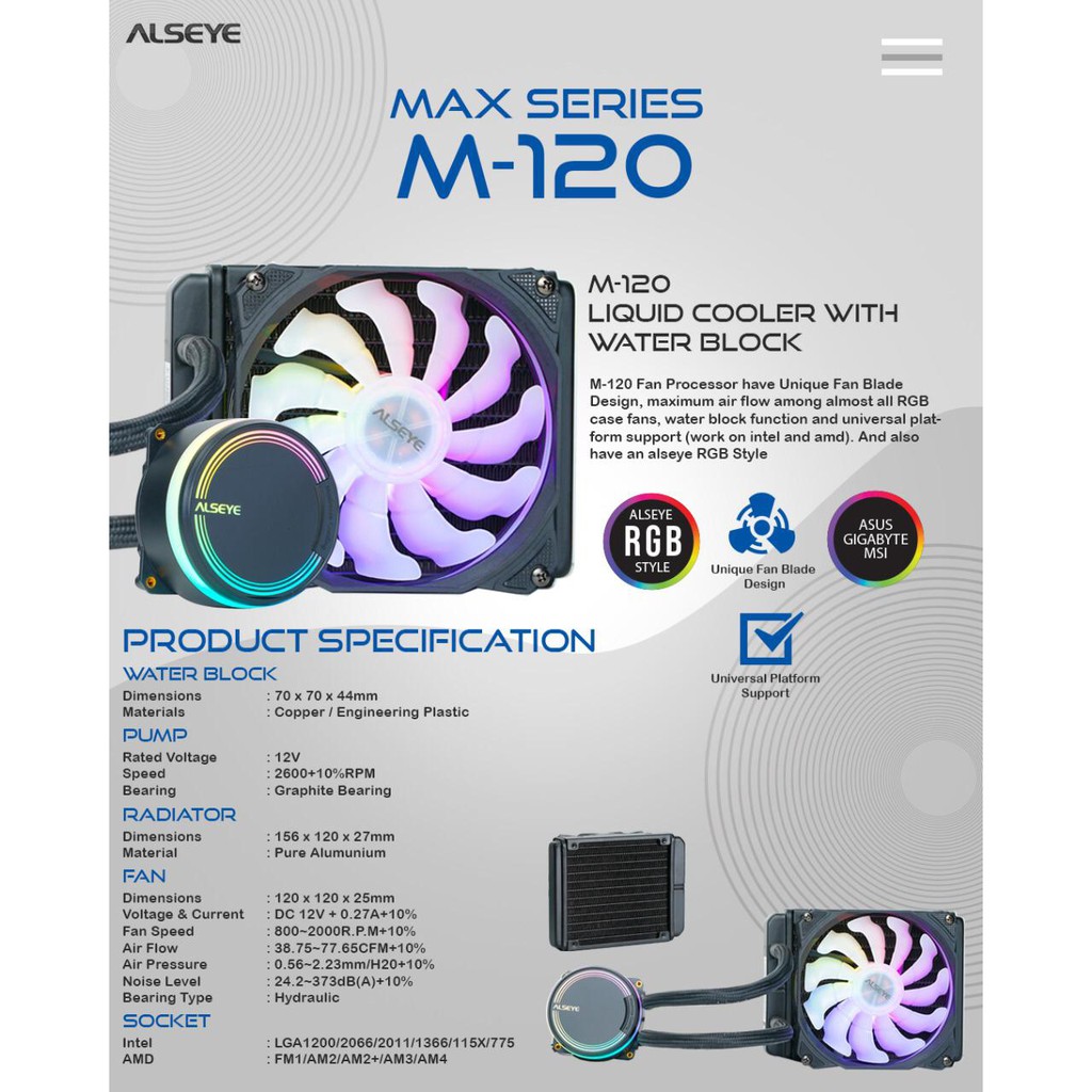 KIPAS HEATSINK FAN PROCESSOR ALSEYE M-120 LIQUID COOLER WATER COOLING -LGA2066 - 1366 - 1155 - AM4 A