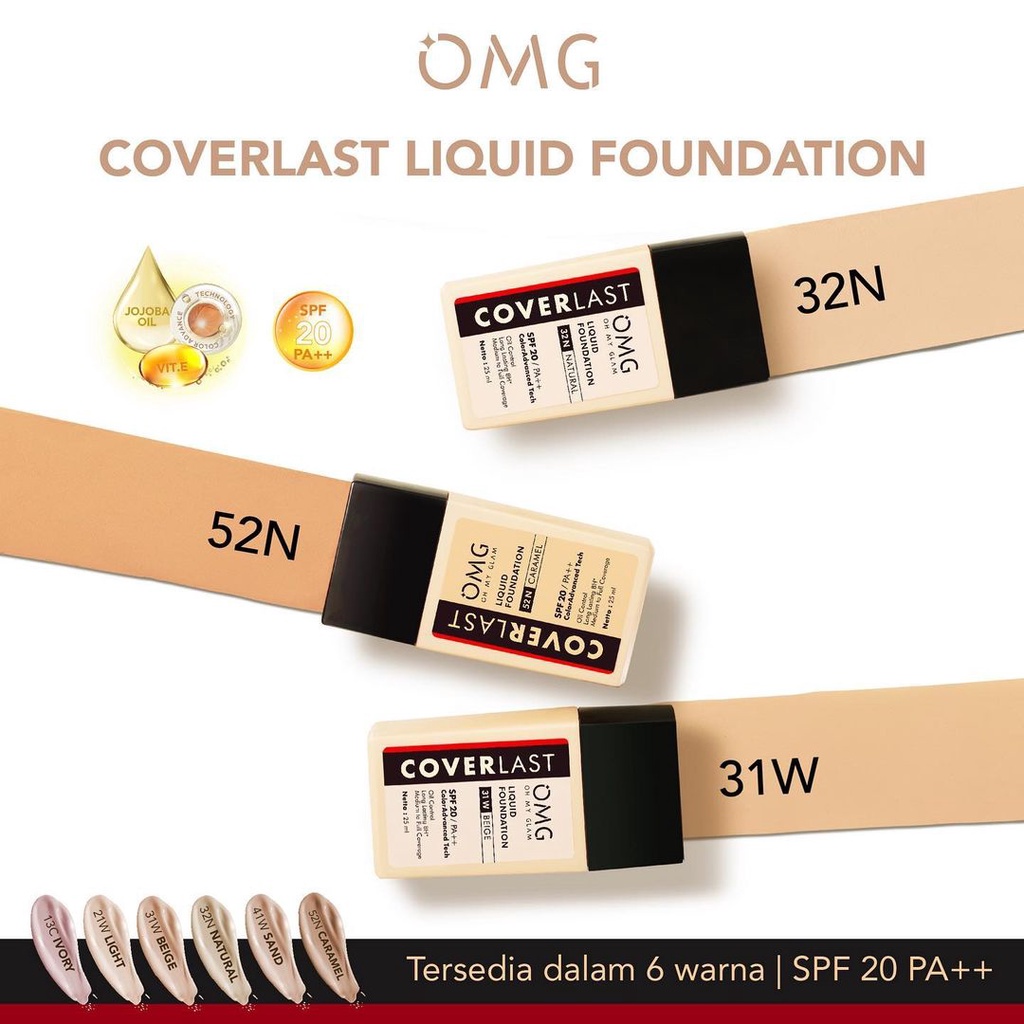 READY OMG CoverLast Liquid Foundation Alas Bedak | Oh My Glam | SPF 20 PA++ Oil Control Long Lasting 8H* | Medium to Full coverage