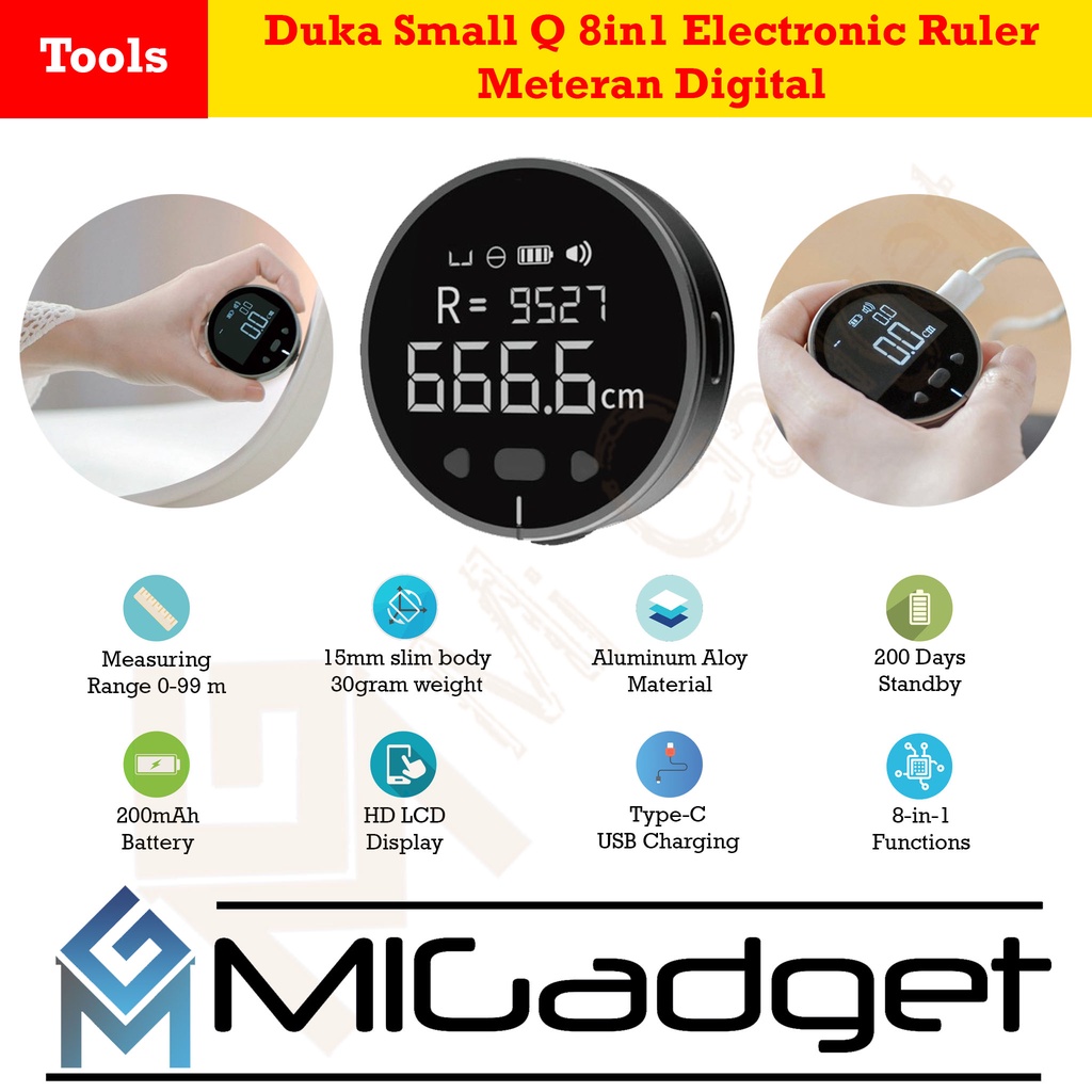 Duka Small Q 8in1 Electronic Ruler with Display - Meteran Digital