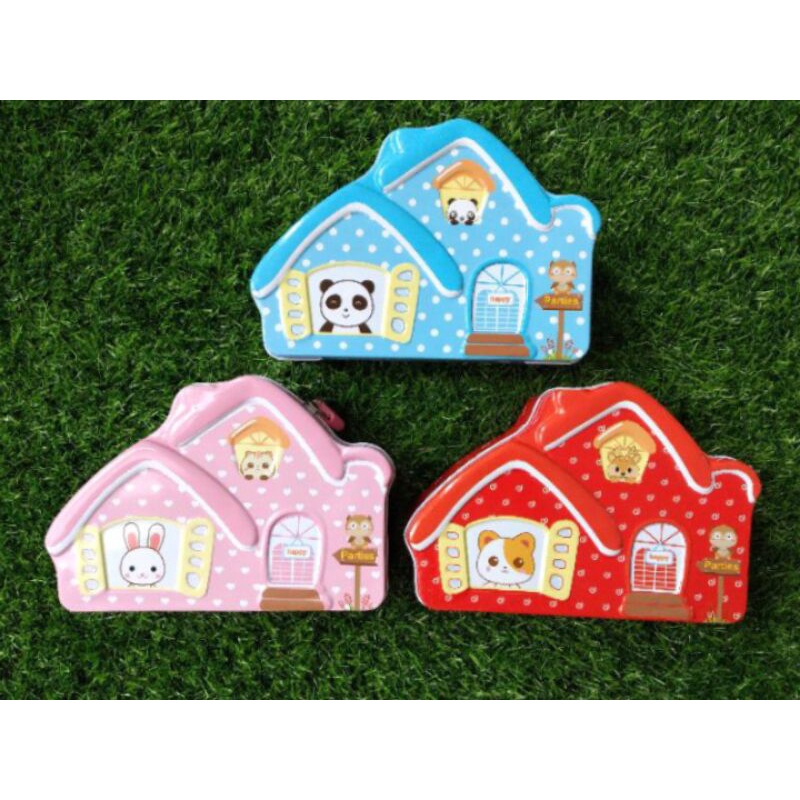Celengan gembok rumah polkadot animal / celengan kaleng gembok rumah motif binatang