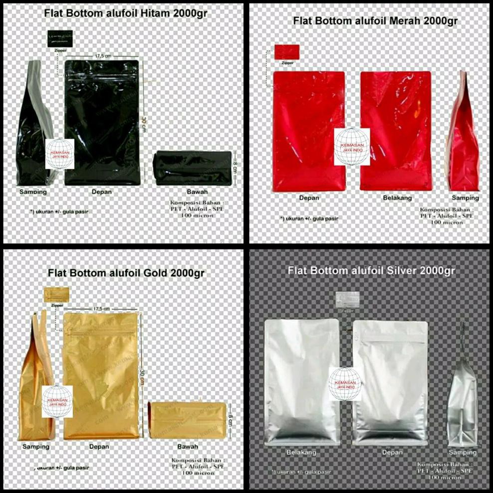 Terlaris kemasan kopi Flat Bottom Alufoil 2000 gram Zipper. flat bottom hitam. flat bottom merah.