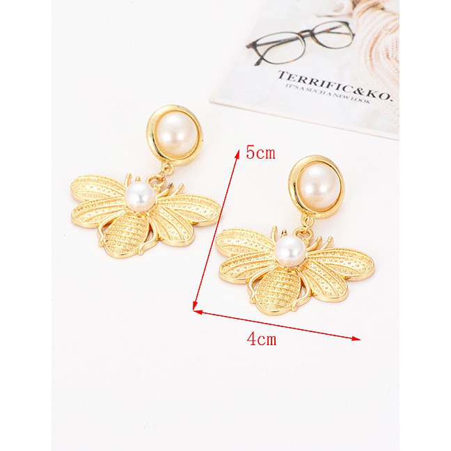 LRC Anting Tusuk Fashion Gold Color Bee&amp;pearls Decorated Simple F02371