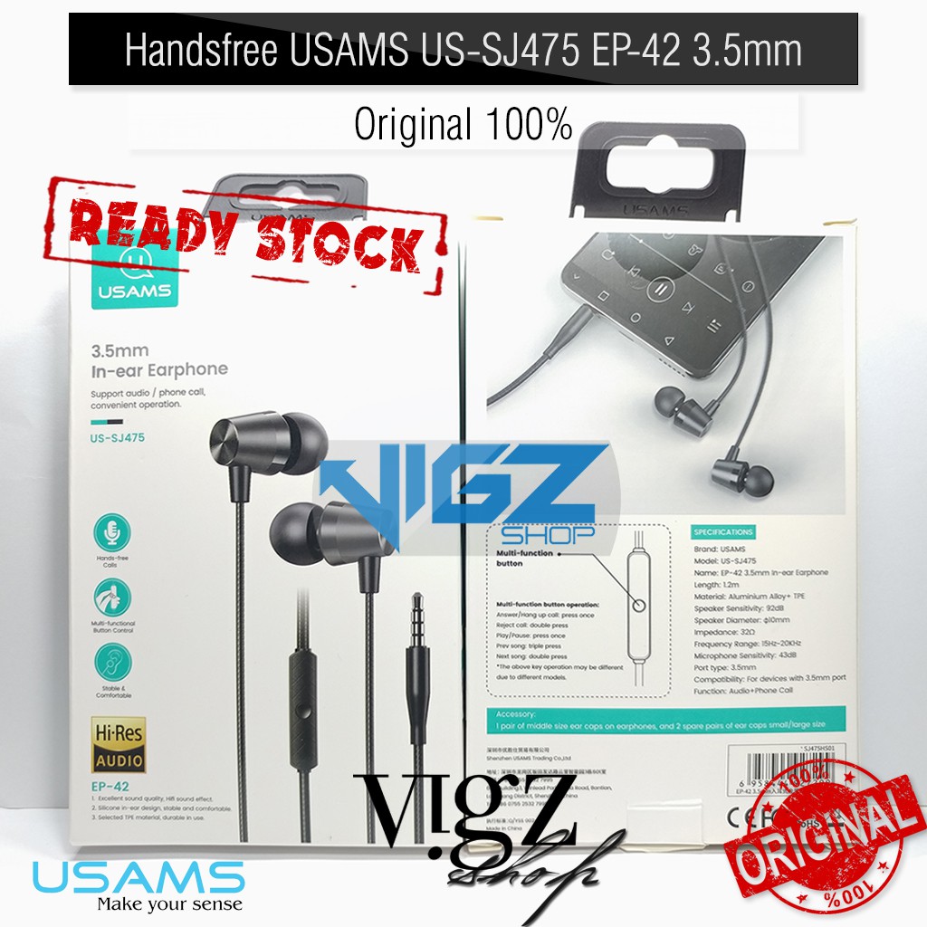 USAMS EP-42 Audio Jack 3.5mm Metal In-ear Earphone 1.2m Black Original