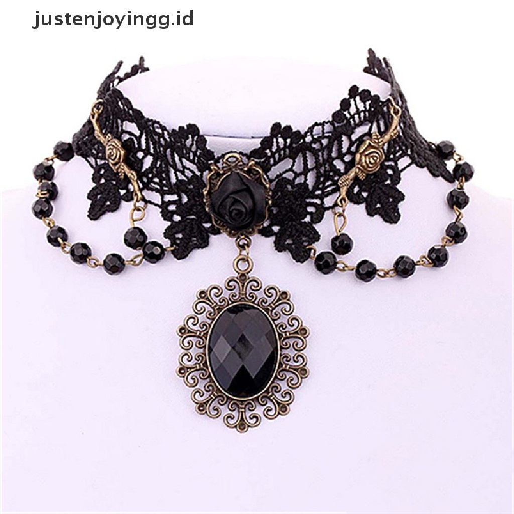 Kalung Choker Rantai Manik-Manik Renda Bunga Mawar Hitam Gaya Gothic Lolita