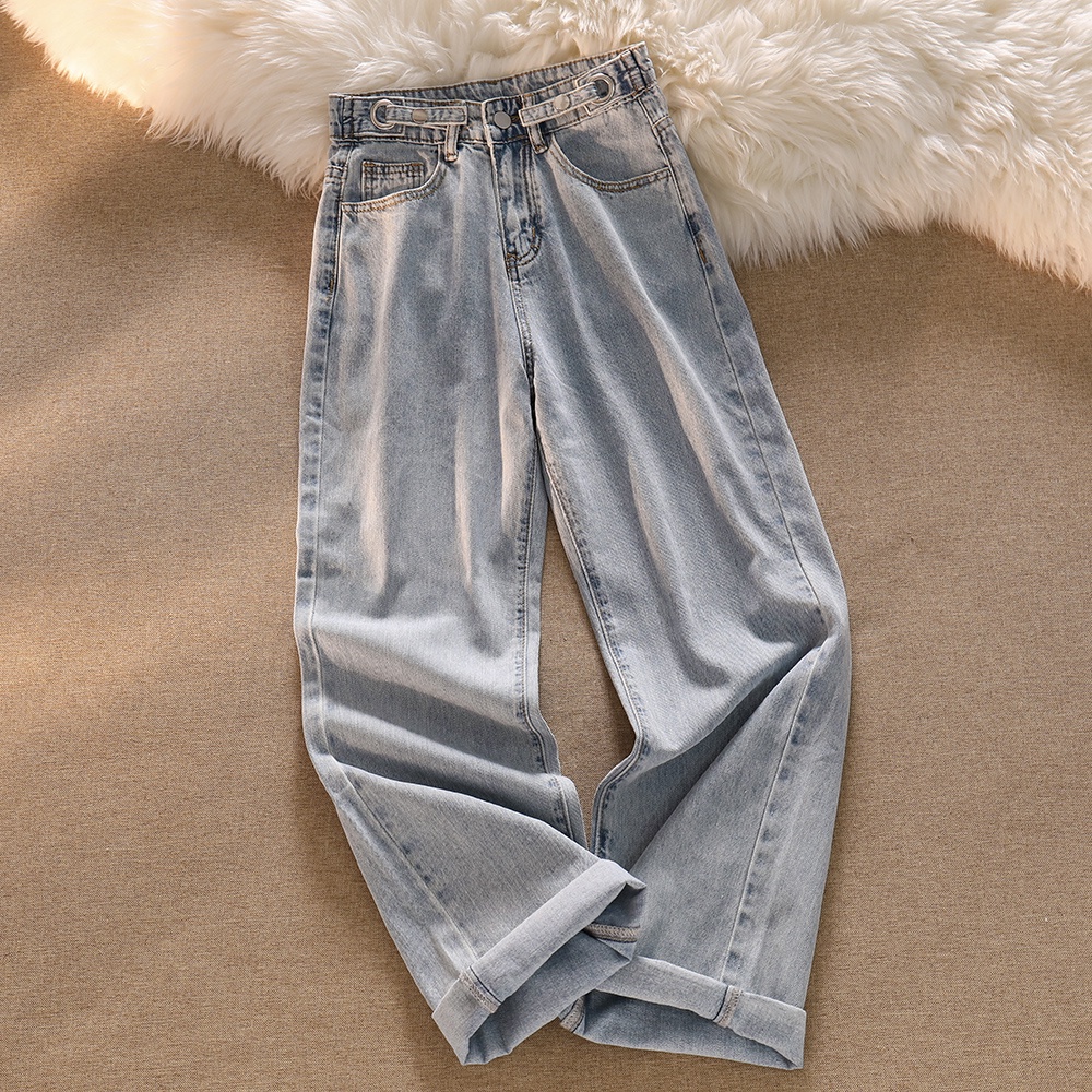 Biru Celana panjang wanita baru slim-fit high-waist straight-leg wide-leg jeans（realpict）