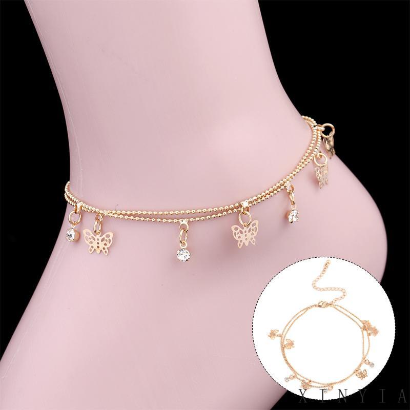 Xia.id Gelang Kaki Wanita Bahan Alloy Lapis Ganda Liontin Kupu-Kupu Hollow