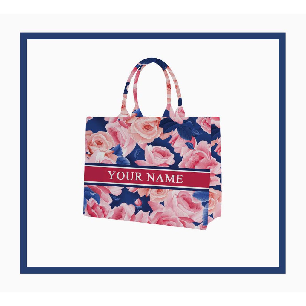 Tas Custom Print Motif Bunga Pink Warna Dasar Biru Elektrik
