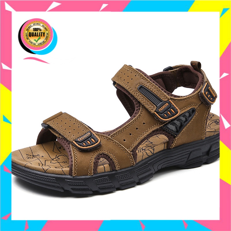 2020   Pria Sandal   Ruangan Kulit Sapi Sepatu Pantai    Ukuran Besar Retro Siswa Sandal Pria