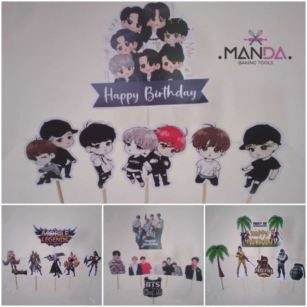 Topper karakter kue tart topper kertas topper happy birthday karakter BTS FREE FIRE MOBILE LEGENDS