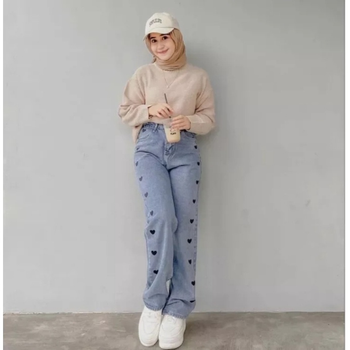 HIGHWAIST KULOT JEANS LOVE/JEANS PANJANG WANITA