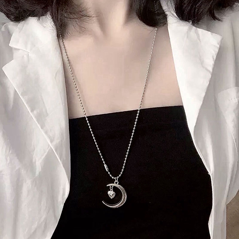 Kalung Panjang Rantai Perak Hati Silver Long Chain Necklace Moon Heart Korea Cool Letter Necklaces for Women Party Jewelry