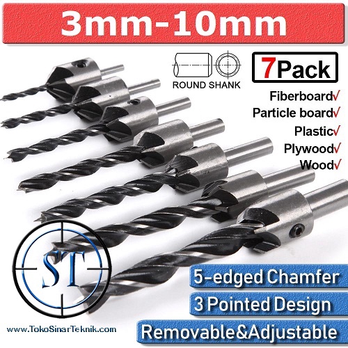 7 set Mata Bor Countersink Drill Bit Round Shank HSS Pelubang Kayu Hand Screw Bor Plus Kunci L isi 7pcs