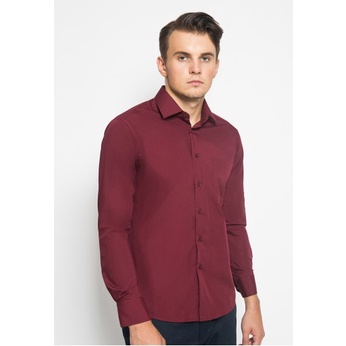 Lesta Langgeng Kemeja Formal Pria Standard Bahan Kain Katun Warna Merah Marun Polos Lengan Panjang M L XL