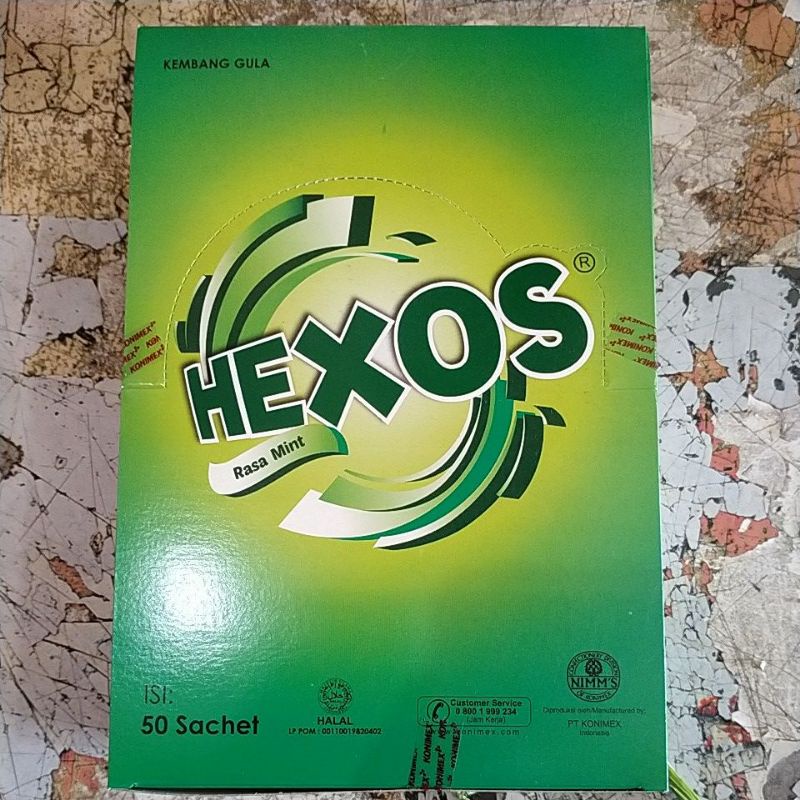 permen hexos,per box isi 50 sachet.