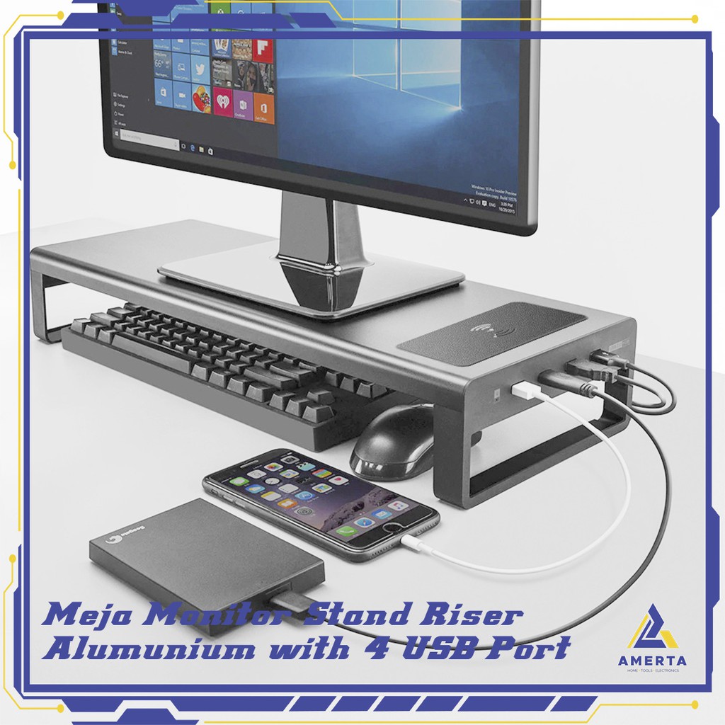 Meja Monitor Stand Riser Aluminium 4 Port USB 3.0 + Wireless Charging Vaydeer - Black