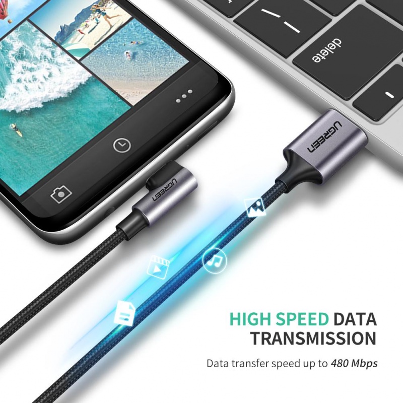 Ugreen Kabel Data / Charger USB Tipe C 90 Derajat Fast Charging Bahan Nilon Untuk Handphone