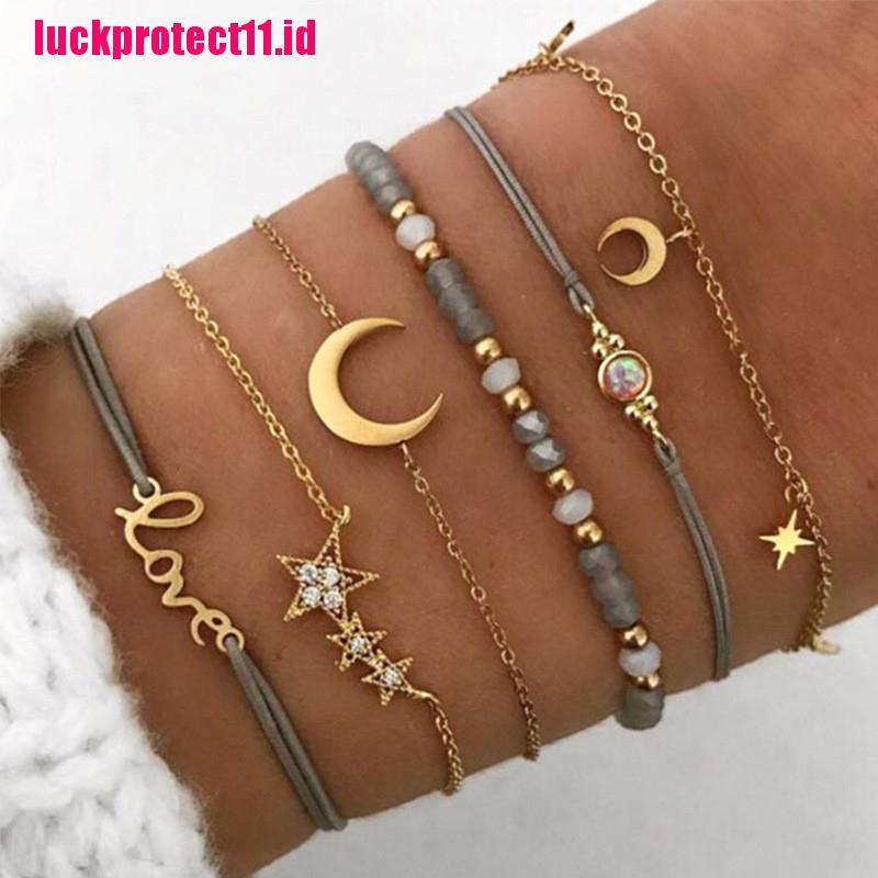 (LUCK) 6pcs / set Gelang Tangan Rantai Aksen Rumbai + Daun Gaya Bohemian Untuk Wanita