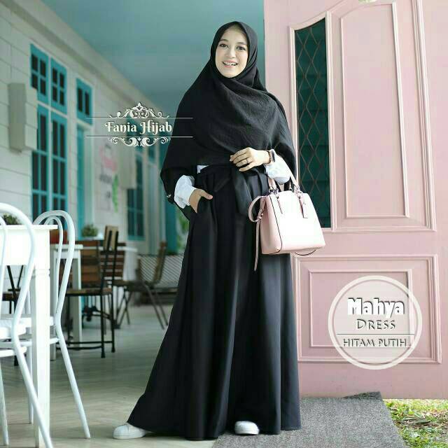 Gamis syari Gamis PNS Hitam Putih Bahan Toyobo Gamis Busui Gamis Kantoran Mahya Dress by Fania Hijab