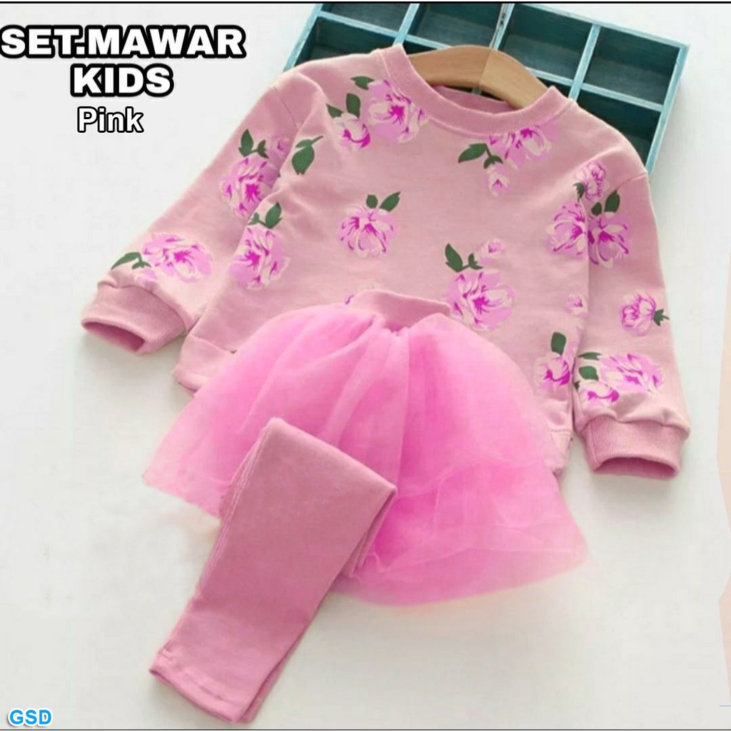 Set mawar kids/Baju Anak Motif Bunga/Setelan Rok Celana Murah Good Quality/Pakaian Anak 2 - 4 Tahun