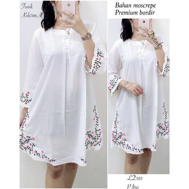 Krb706A Tunik Putih Moscrepe Premium Bordir (U6O1) Busui Friendly Gamis Lebaran Perempuan Simpel Ray