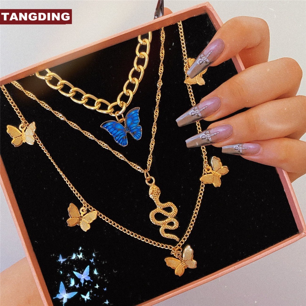 【COD Tangding】3 Pcs / set Kalung Multilayer Panjang Bentuk Ular Butterfly Warna Biru Emas Gaya Retro Eropa Amerika