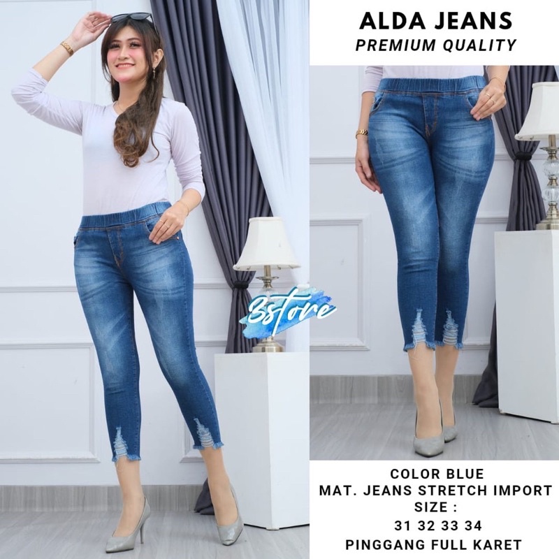 BISA COD|ALDA JEANS|CELANA JEANS WANITA 7/9 APLIKASI SOBEK CAKAR