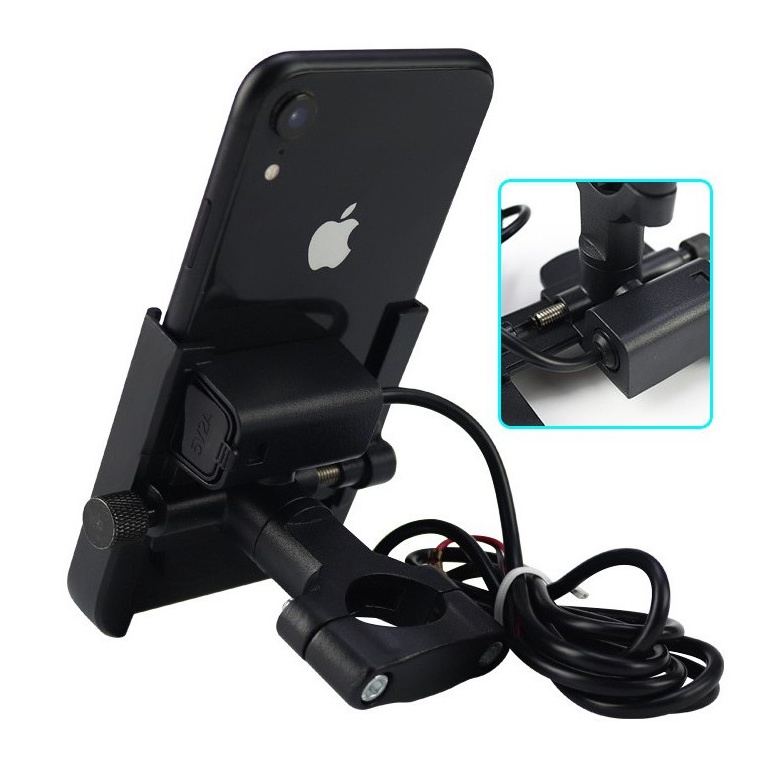 TERMURAH 100% FULL BESI Holder Stang Motor + USB CHARGER Holder HP Universal FULL BESI BLACK