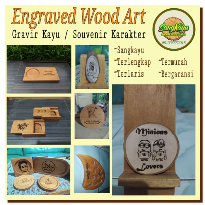 Wood engraved logo nama gravir souvenir Tatakan Karakter harga/cmÂ²