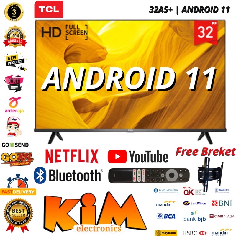 FREE!!! BREKET TCL LED 32 inch 32A5+ SMART ANDROID 11 YOUTUBE - NEW!!