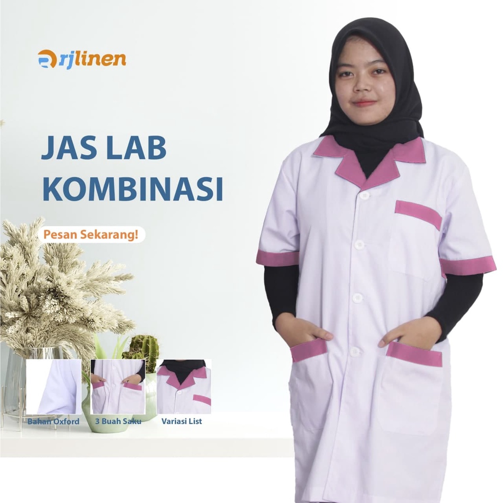 RJLINEN Jas Laboratorium Kombinasi Seragam Lab Baju Praktek Klinik Pria Wanita Lengan Pendek dan Panjang