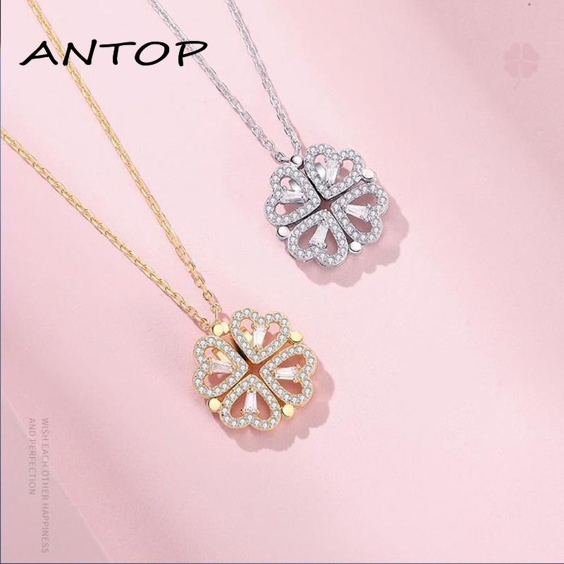 Korea Hati Berlian Empat Daun Semanggi Liontin Kalung Aksesoris Fashion ANTOP