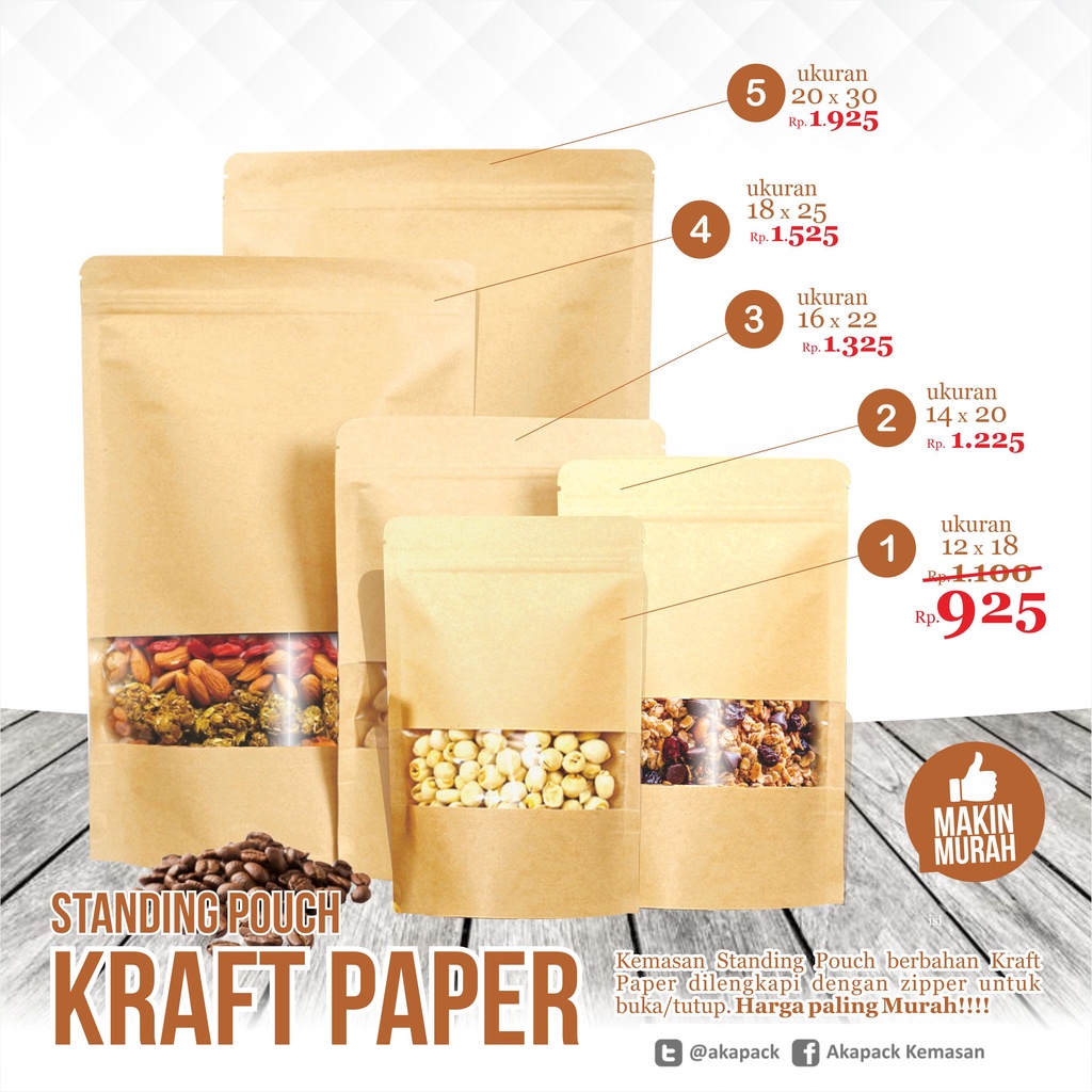 Jual Kemasan Standing Pouch Kraft Window Coklat Kemasan Kertas  (Ukuran Besar)
