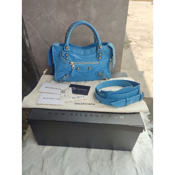 Preloved Balenciaga Bleu Azur Lambskin Leather Mini City Silver Hardware authentic
