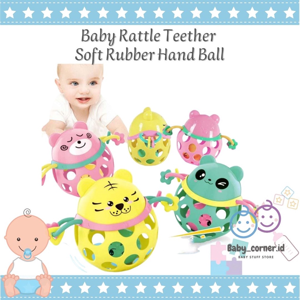 Baby Rattle Teether Soft Rubber Hand Ball / Mainan Gigitan dan Kerincingan Bayi